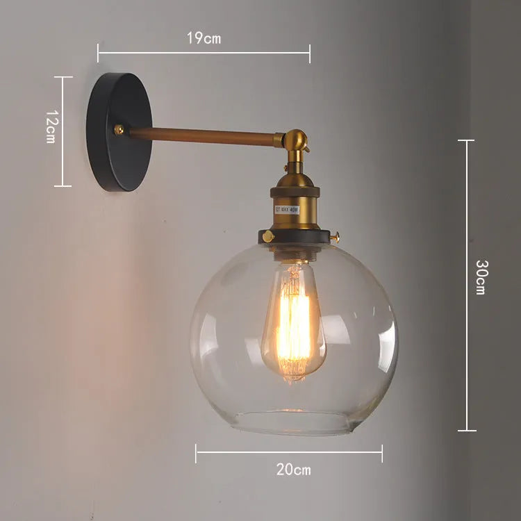 20cm round ball glass wall lamp in retro style with aluminium holder