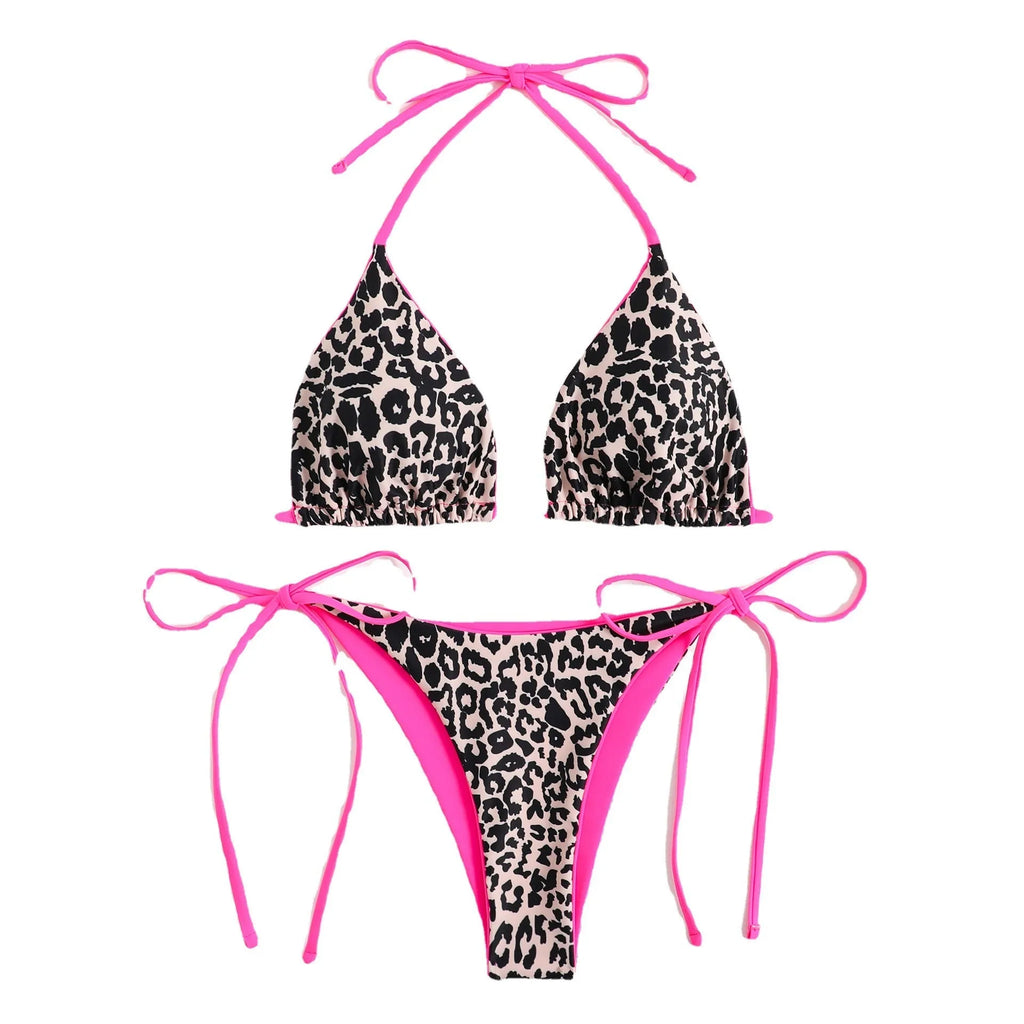Women's lace-up triangle bikini top with split bottoms in various colours and styles.