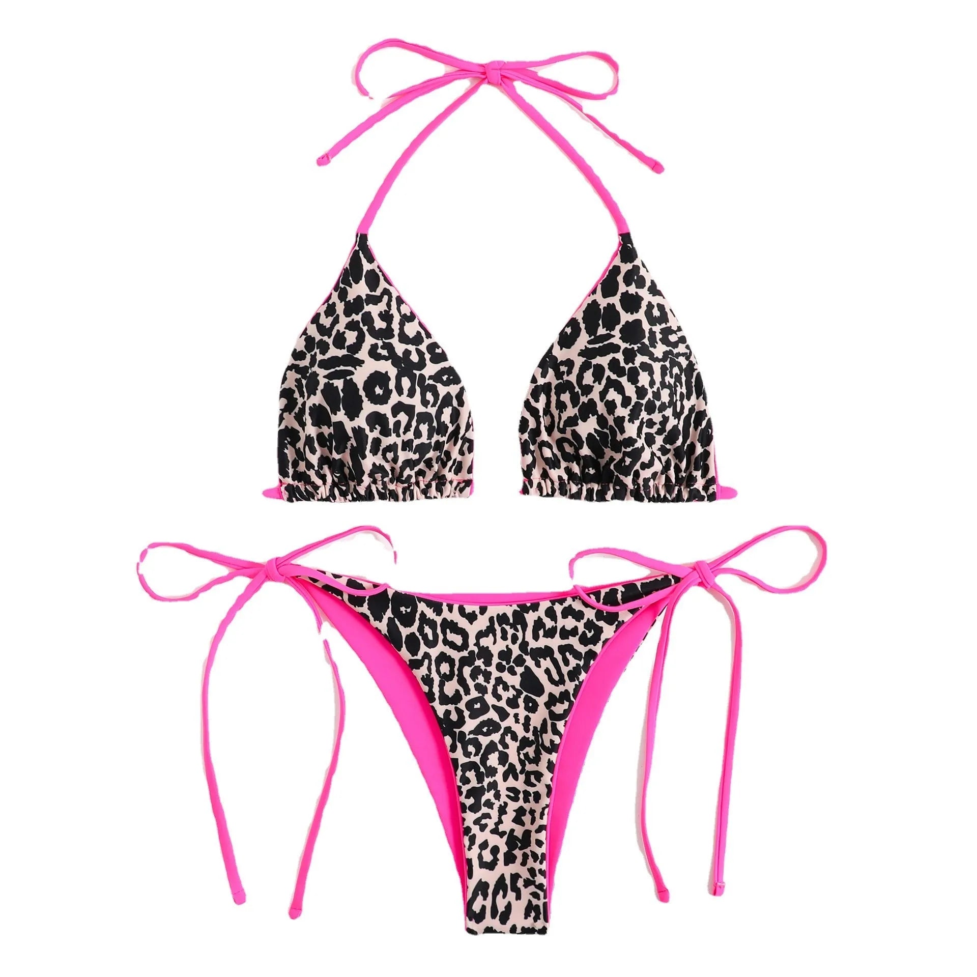 Women's lace-up triangle bikini top with split bottoms in various colours and styles.