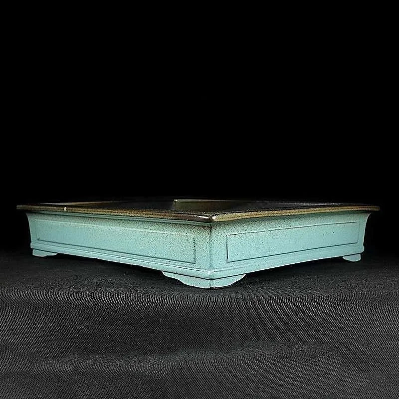 Green handmade ceramic bonsai flower pot with purple sand crackled glaze finish