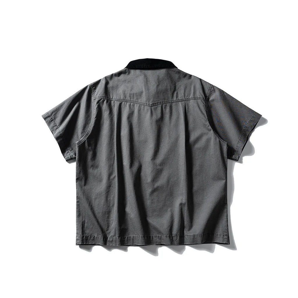 Men's short sleeve cotton overalls shirt in loose cardigan style, khaki colour option