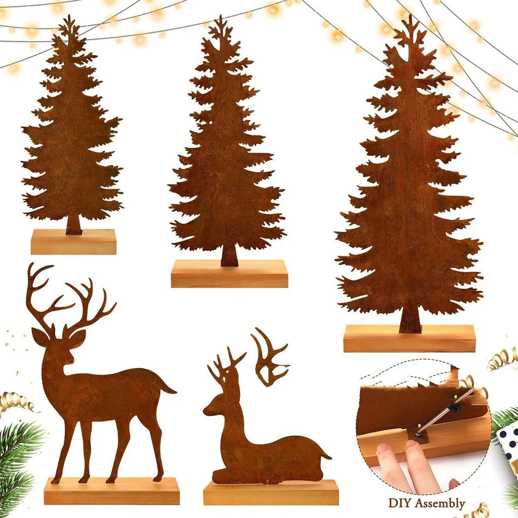 Three metal rusty Christmas tree elk ornaments with American style decorative design