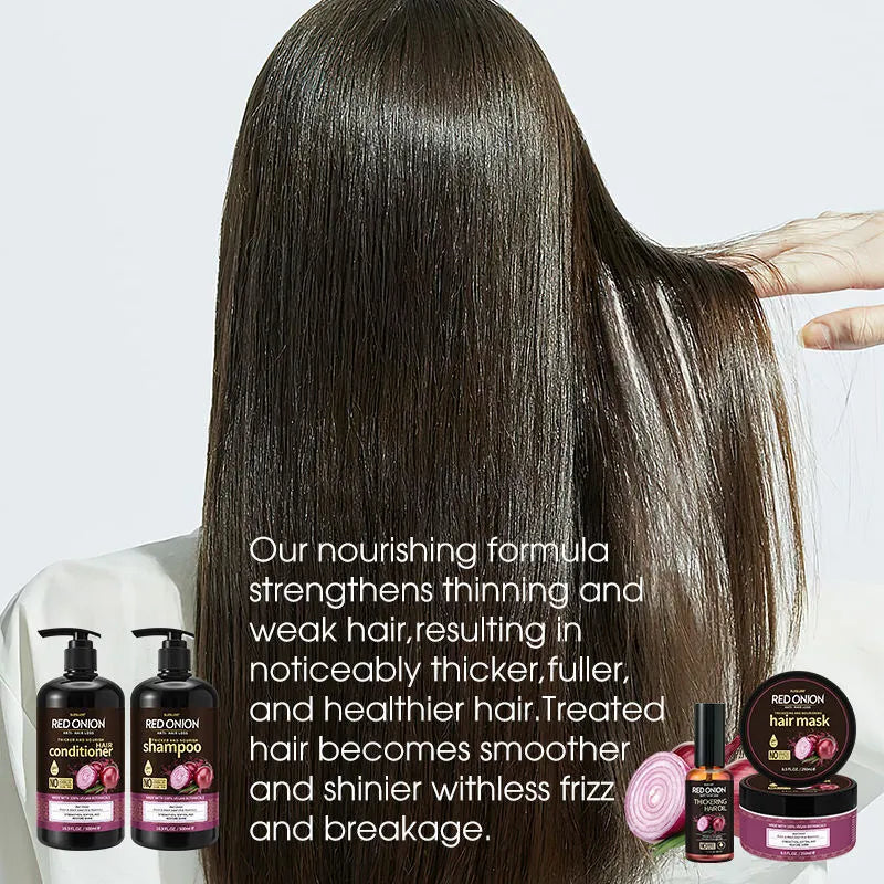 Red onion shampoo conditioner four-piece set showing 500ml shampoo, 500ml conditioner, 250ml hair mask, and 50ml essential oil bottles