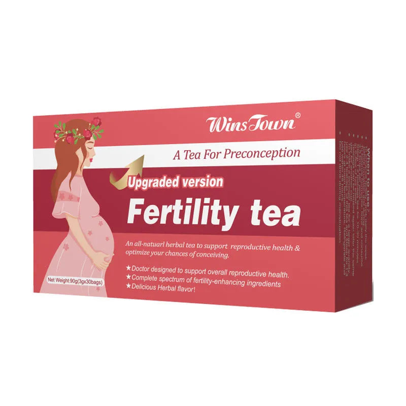 A box of fertility tea containing 30 individual herbal tea bags for preconception support.
