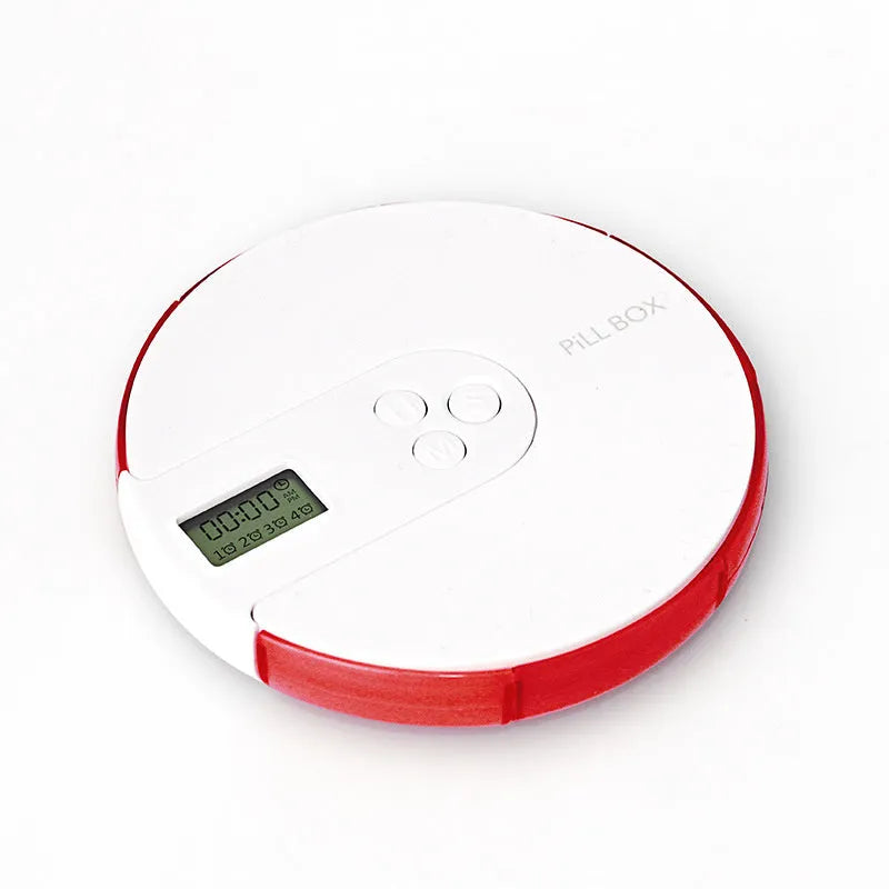 Blue 7-compartment alarm clock pill dispenser showing timer display and storage sections