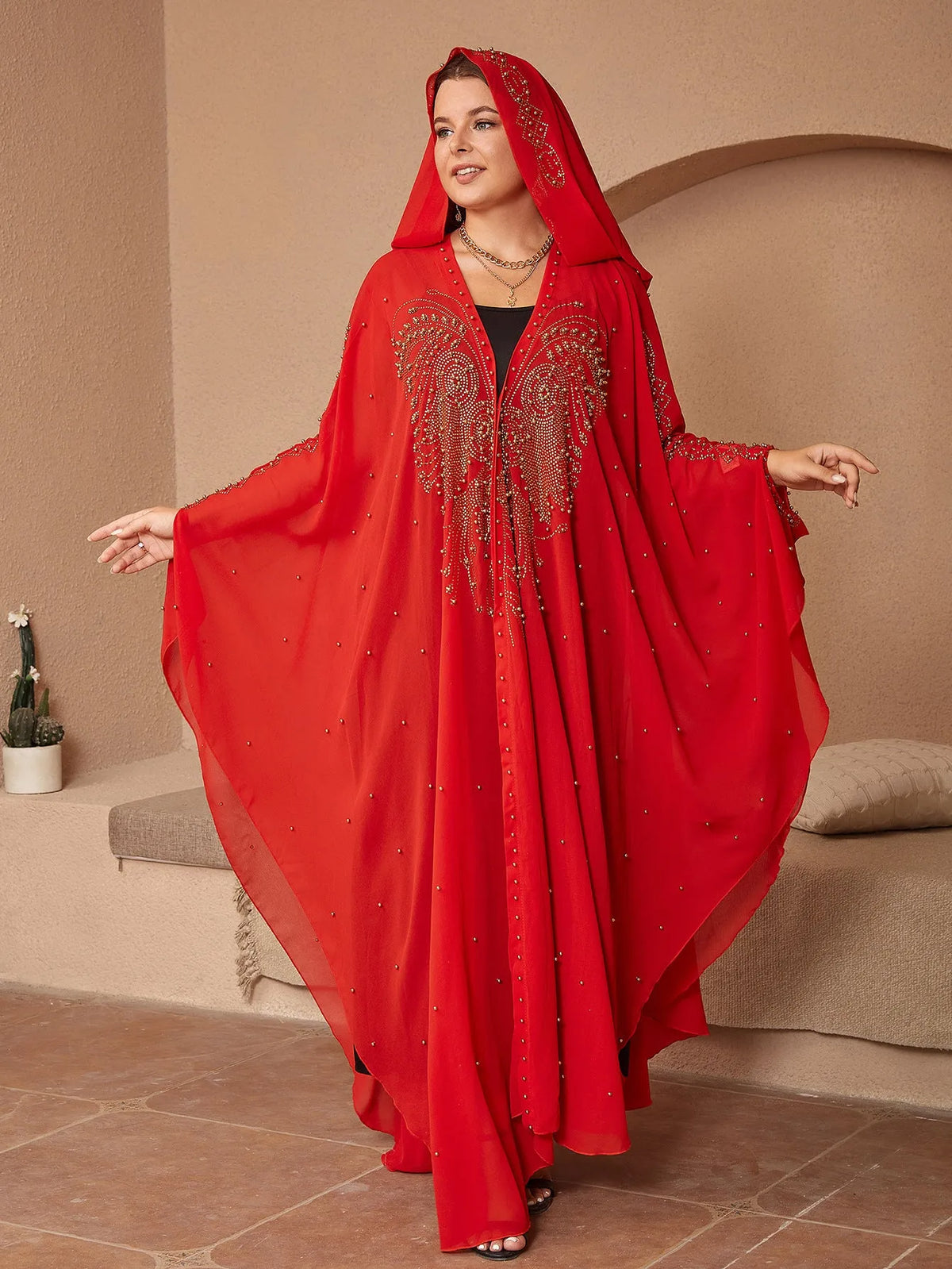 Purple Muslim style chiffon shawl with rhinestone and bead trim along edges, demonstrating full length coverage