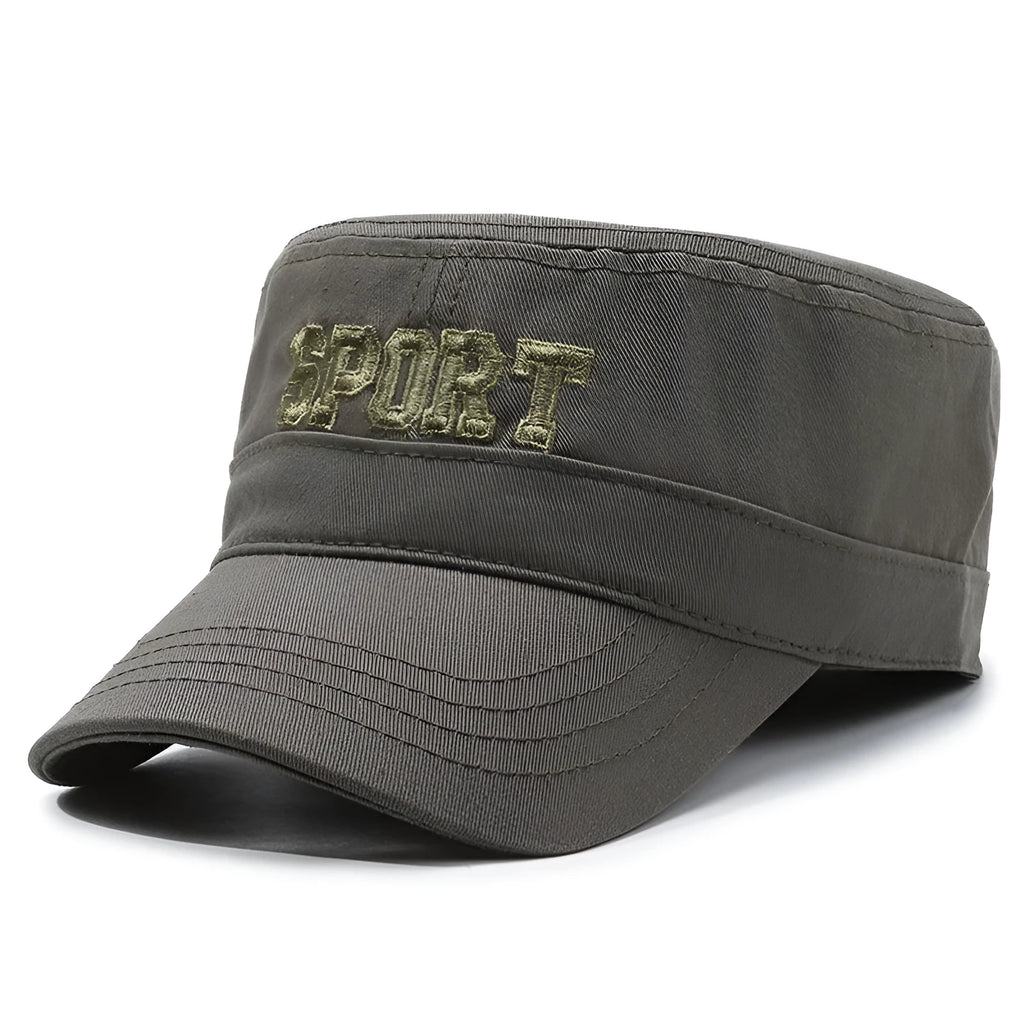 Men's cotton flat-top peaked cap with English letters in army green colour