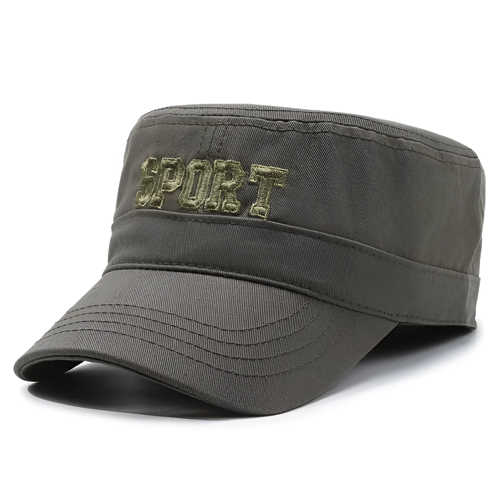 Men's cotton flat-top peaked cap with English letters in army green colour