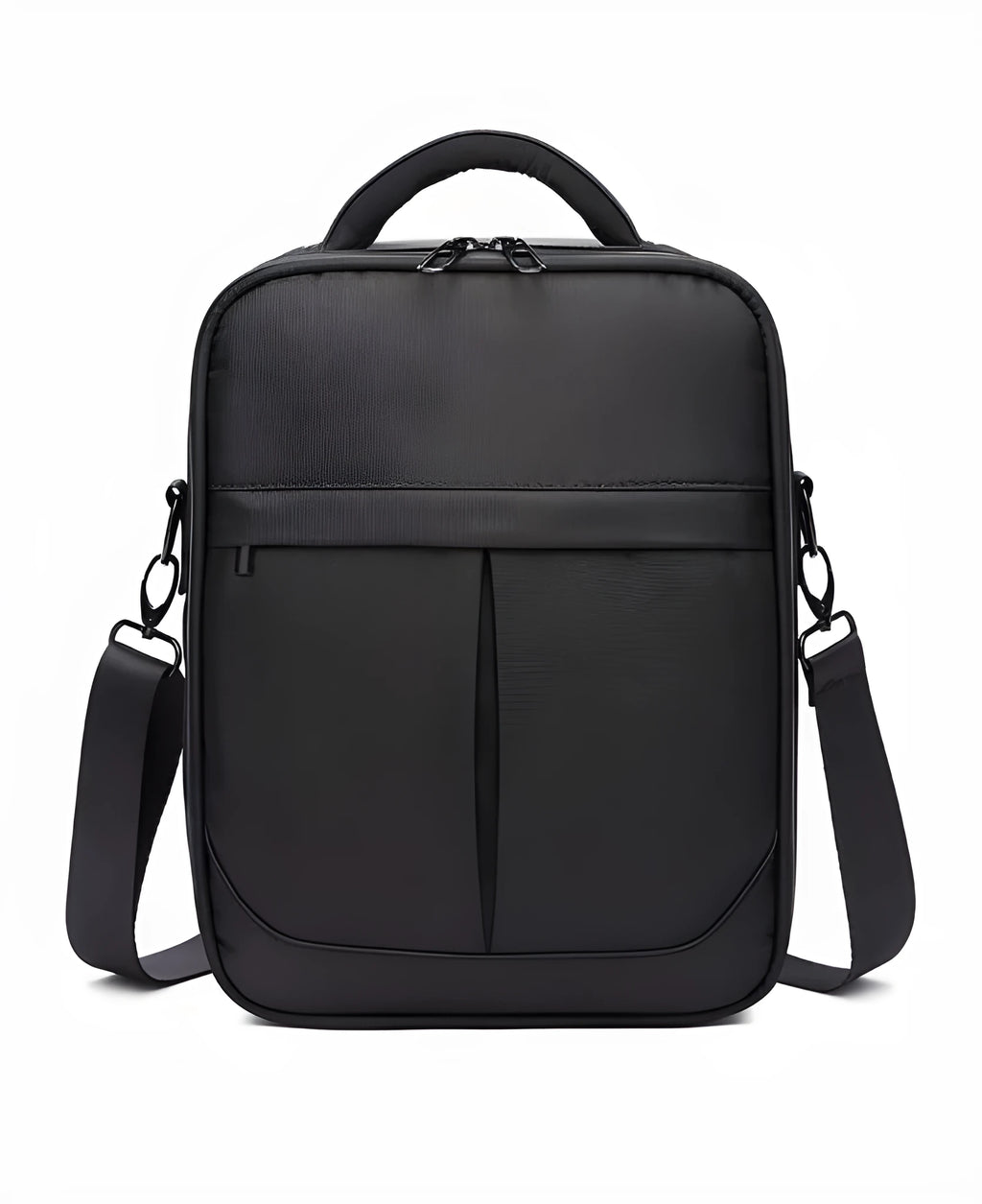 Black Oxford fabric men's shoulder messenger bag showing dimensions of 24cm by 11cm by 31cm