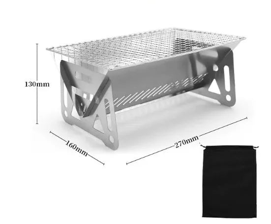 Folding stainless steel barbecue oven with grill rack, shown with storage bag