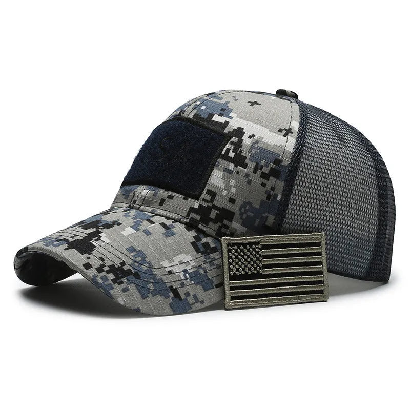 Adjustable Velcro outdoor baseball hat in tactical camouflage pattern with dome crown