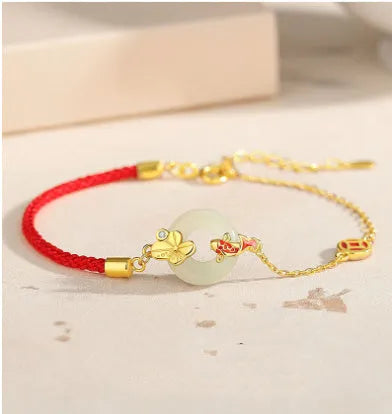 Women's gold electroplated 925 silver bracelet with red rope, koi and peace bucket charms, zodiac animal design