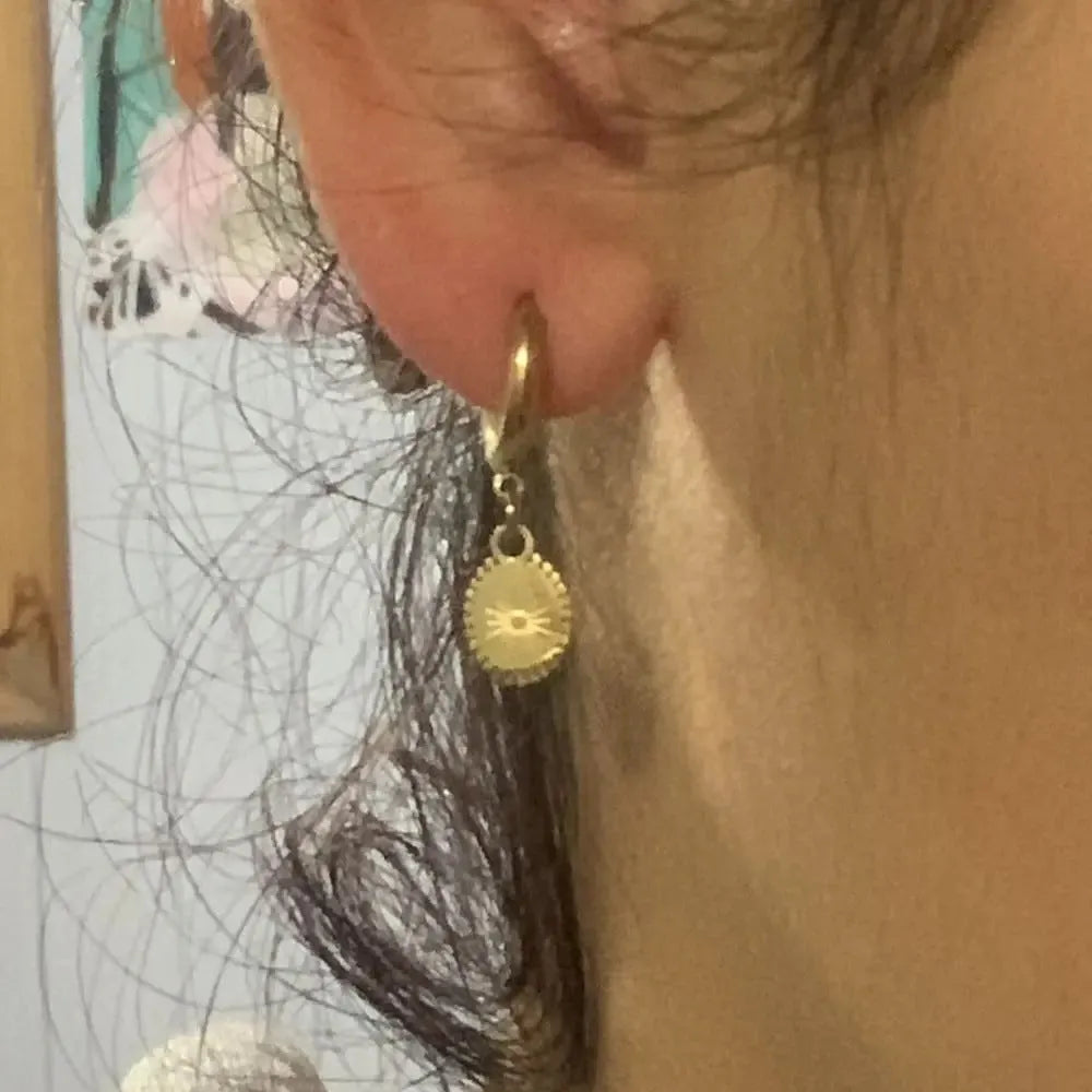 Stainless steel geometric earrings with oval accents on white background