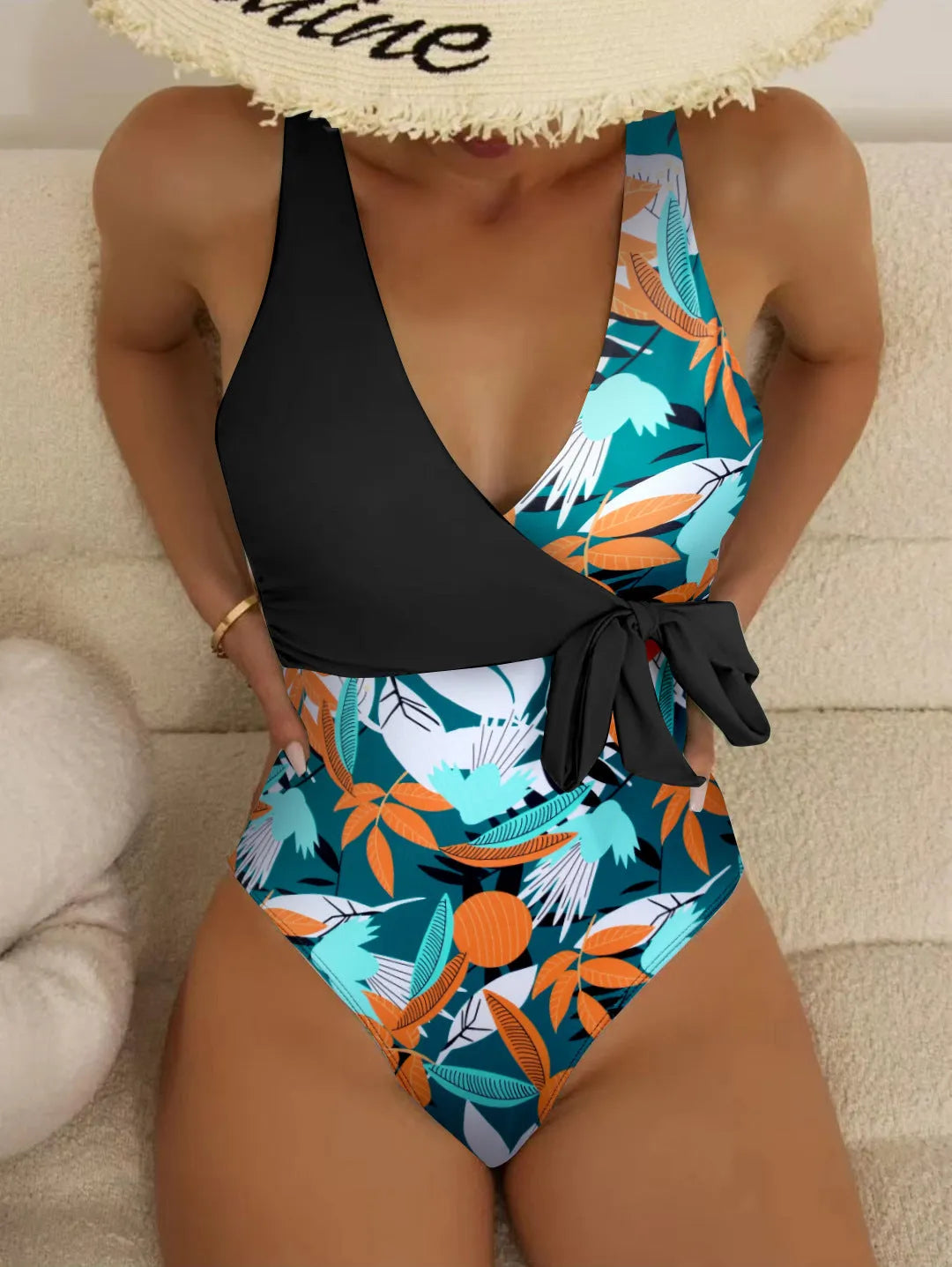 Women's high waist one-piece bikini with printed pattern in polyester and nylon swimwear fabric