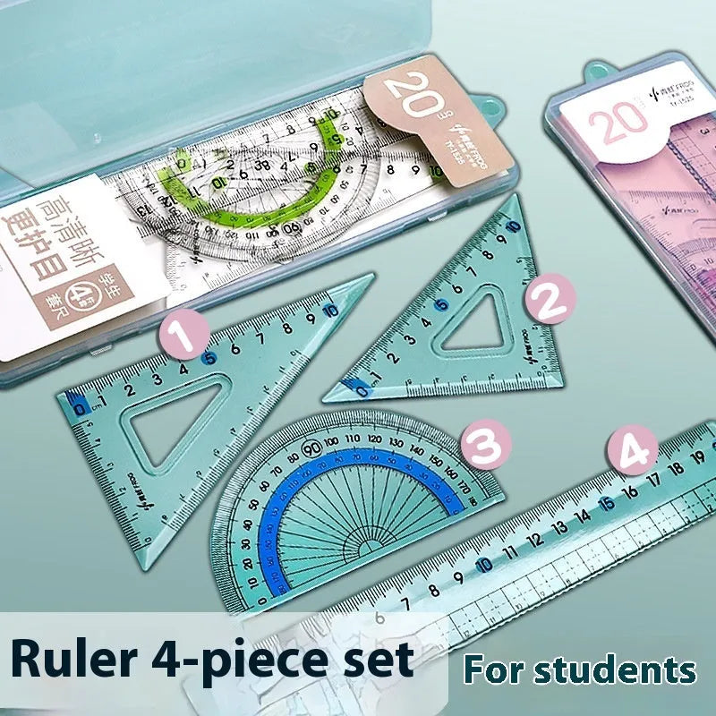 Youpai transparent acrylic drawing ruler set showing square, protractor, and straight edge rulers
