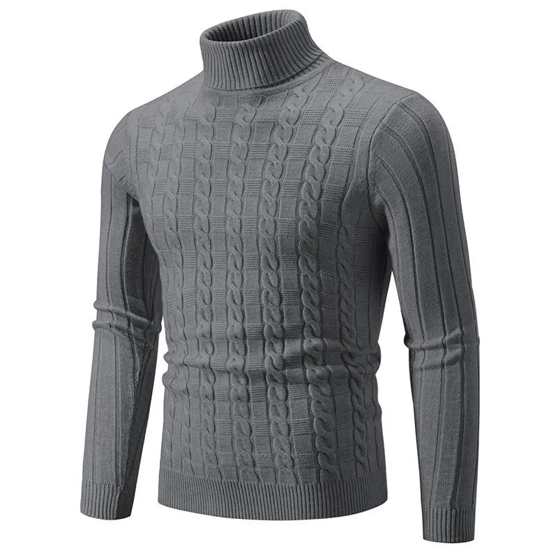 Man wearing a slim fit beige chenille turtleneck sweater for casual wear.