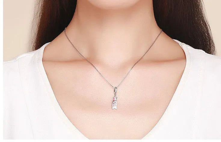 S925 sterling silver carp streamer pendant necklace with zircon stone on a chain.