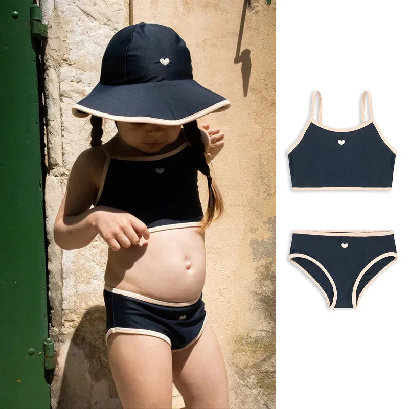 Dark blue split swimsuit for girls with high elasticity polyester and Lycra construction