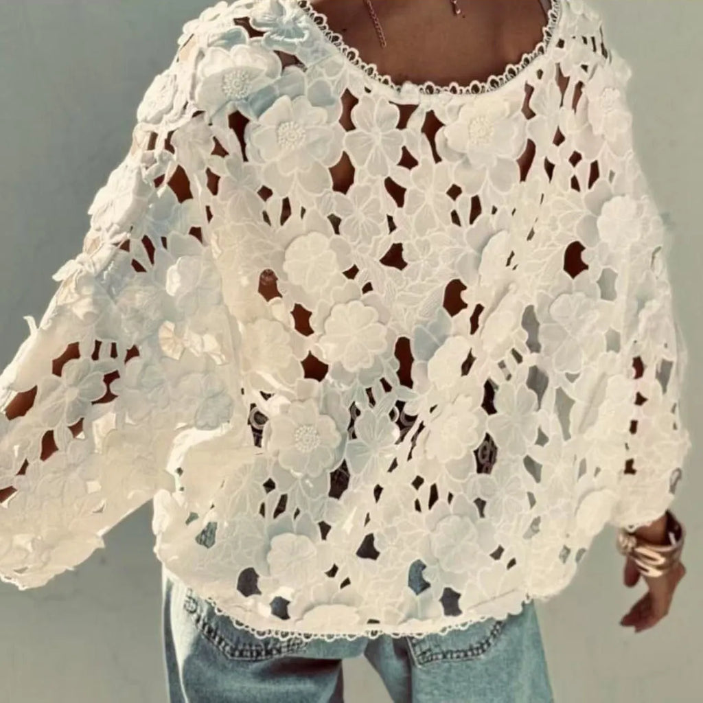 Lace cardigan with three-dimensional floral decoration and V-neck design