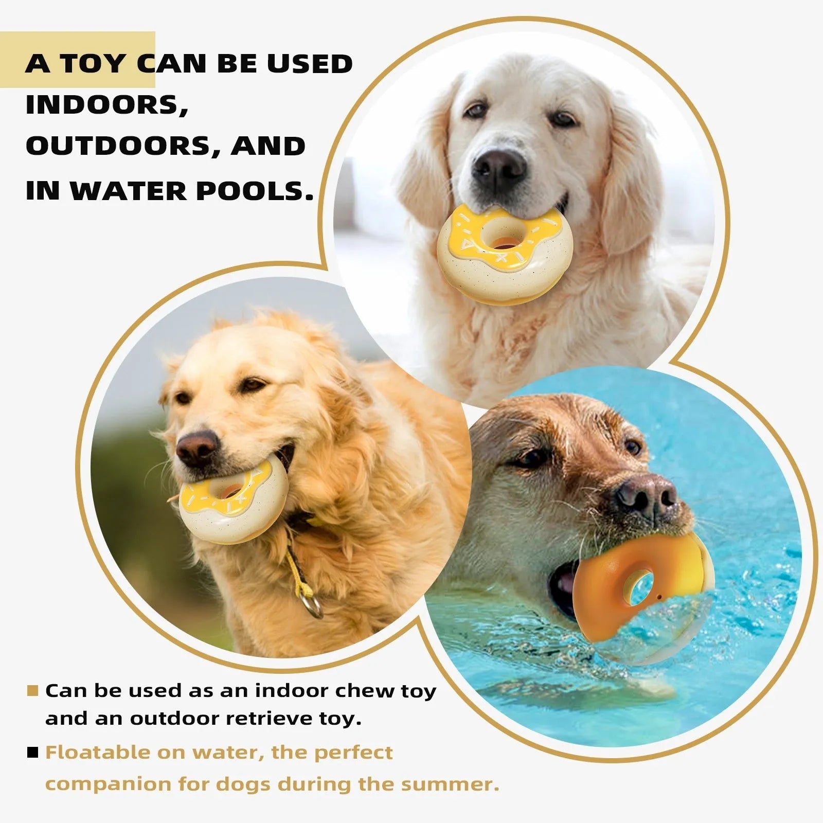 Donut-shaped TPR dog chew toy for molar teeth cleaning in chocolate, pink, or yellow colours.