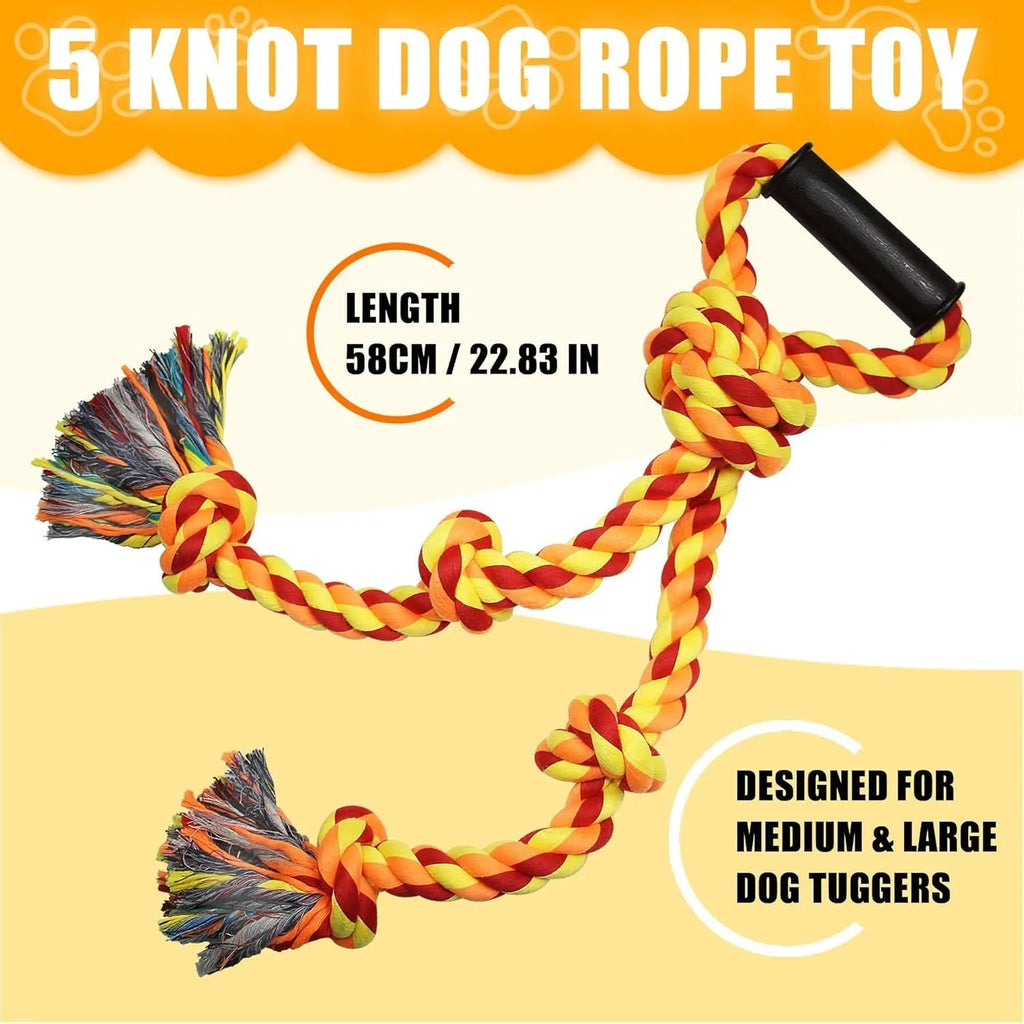 Blue and yellow braided cotton rope dog toy with ergonomic handles for large breeds