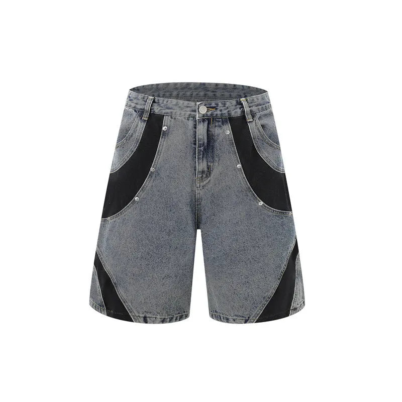 Retro washed denim short-sleeve jacket and full-length trousers suit in blue street style