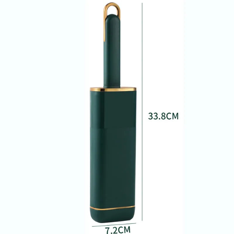 Reusable pet hair remover brush with a plush head and storage base, shown in blue, green and white colour options.