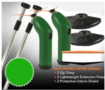 Cordless handheld lawn trimmer with extension pole and protective debris shield on a lawn.