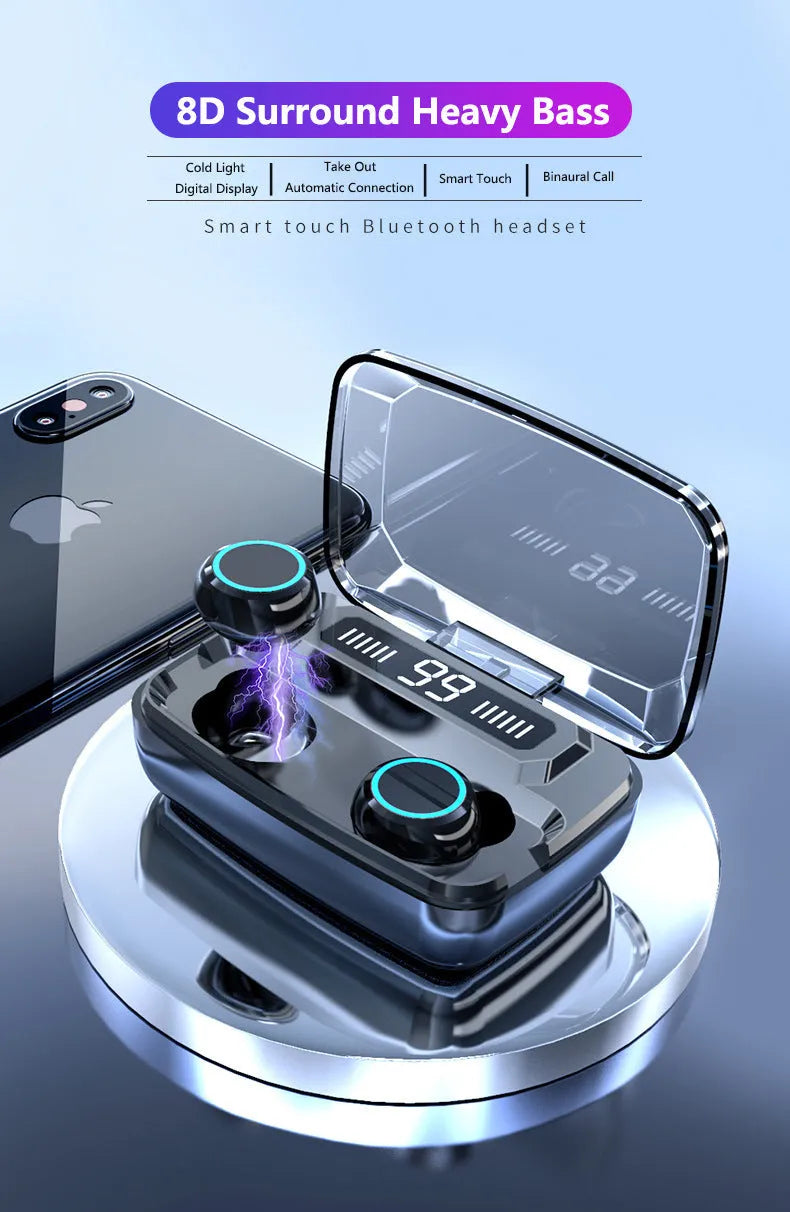 Black M11 style Bluetooth wireless earbuds with charging case showing digital display