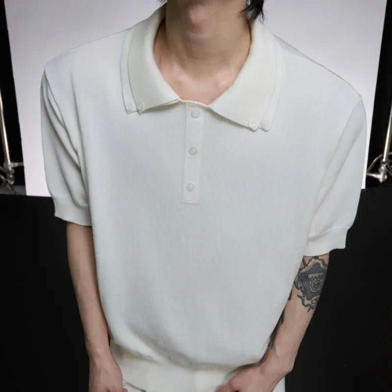 Men's black slim knit short sleeve T-shirt showing double collar design and loose fit