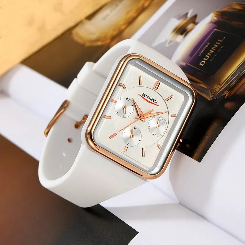 Square silicone waterproof watch for girls showing 10.8mm thickness and colour options