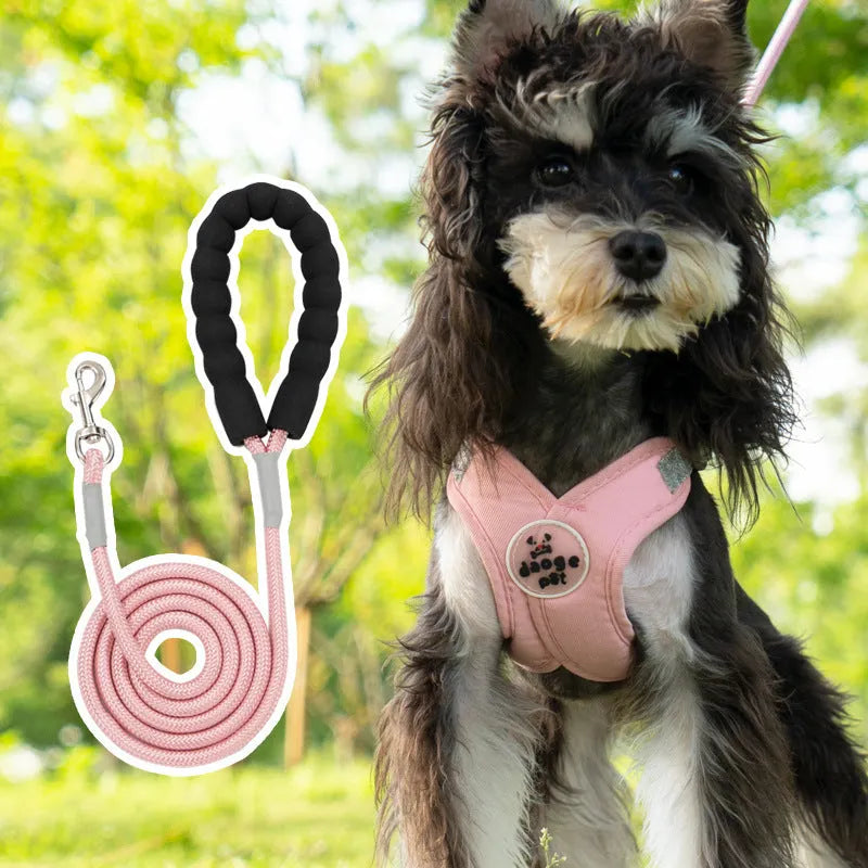 Polyester dog vest and rope leash set in blue, green, pink, or yellow colours