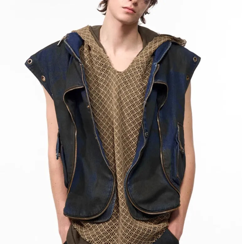 Blue hooded denim vest coat with matching trousers Korean style two-piece set