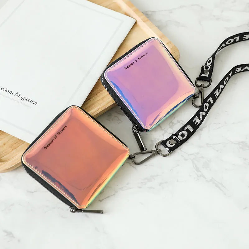 Short Korean-style folding wallet in PU leather showing three colour options