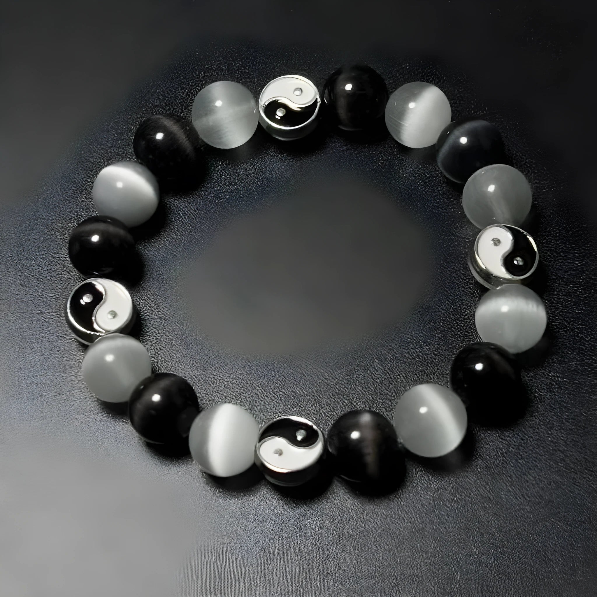 Natural stone Tai Chi bracelet with 10mm polished opal and black agate beads in traditional Chinese beaded design