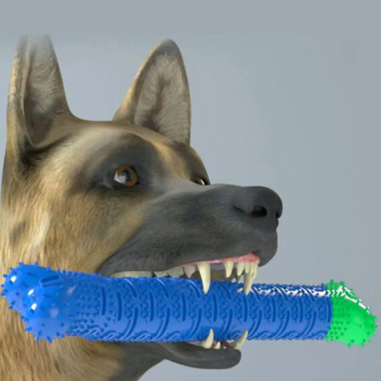 Blue-green 25cm long dog molar tooth cleaner chew toy with silicone bristles and massage nodules