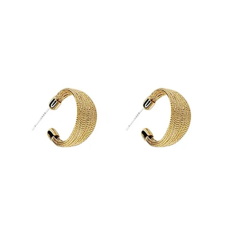 Geometric multi-layer copper earrings with silver or gold electroplated finish, showing stud and clip options