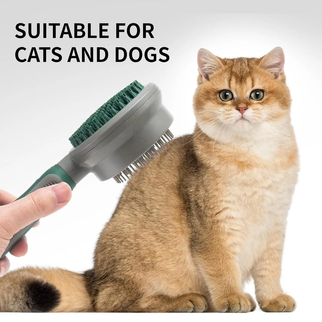 Green and pink dual-sided silicone pet grooming brush with retractable slicker and octopus-toothed massager.