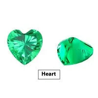 Loose cultivated emerald gemstone cabochon in Columbia green showing polished round and Asscher cut shapes.