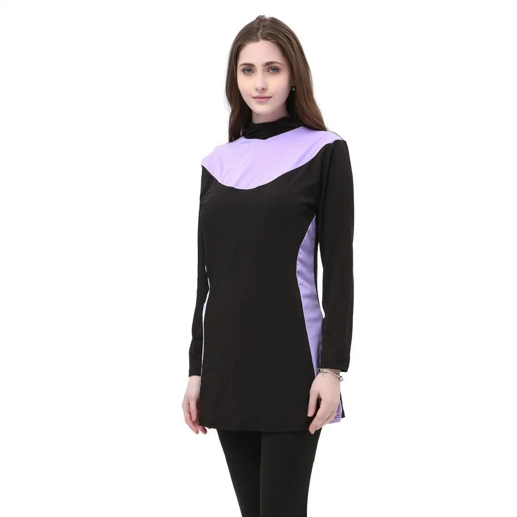Women's black hooded long sleeve swimsuit top and pants for conservative swimming.