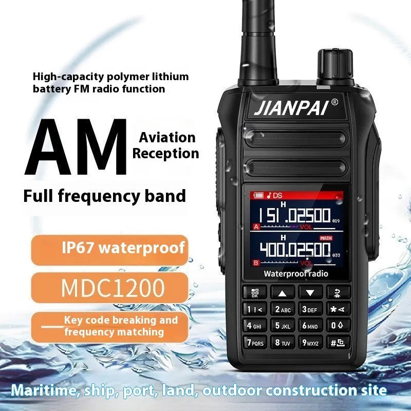 Black Interphone waterproof aviation full band two-way radio with dustproof plastic shell, antenna, battery, charger, and headset.