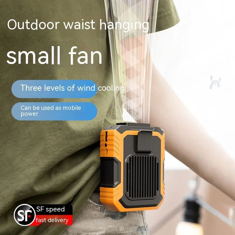 Green wrist hanging fan with USB power bank and light, showing three speed settings and compact design.