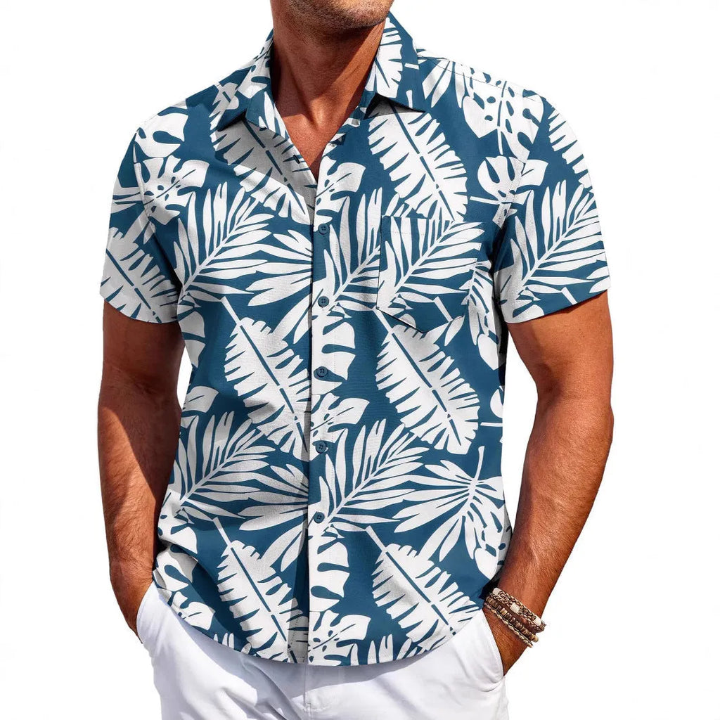 Men's slim fit Hawaiian short sleeve shirt with button-up front and elastic polyester fabric
