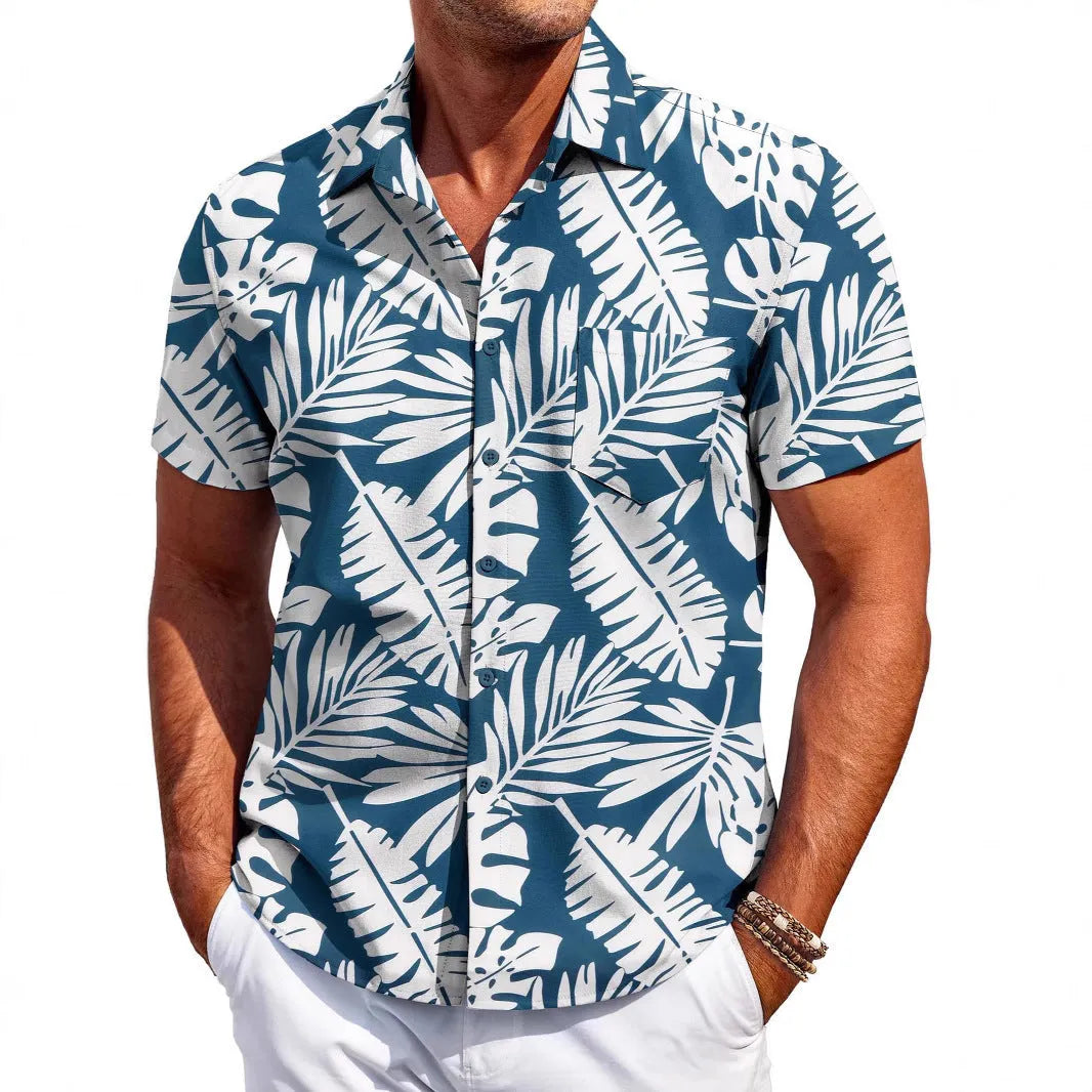 Men's slim fit Hawaiian short sleeve shirt with button-up front and elastic polyester fabric