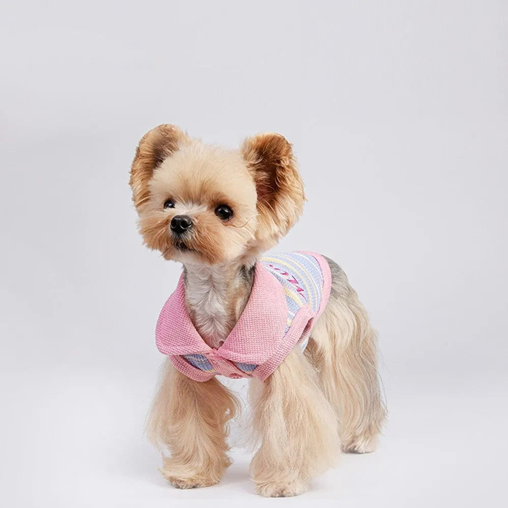 Pink purple autumn vest for a small dog on a mannequin, showing lightweight design.