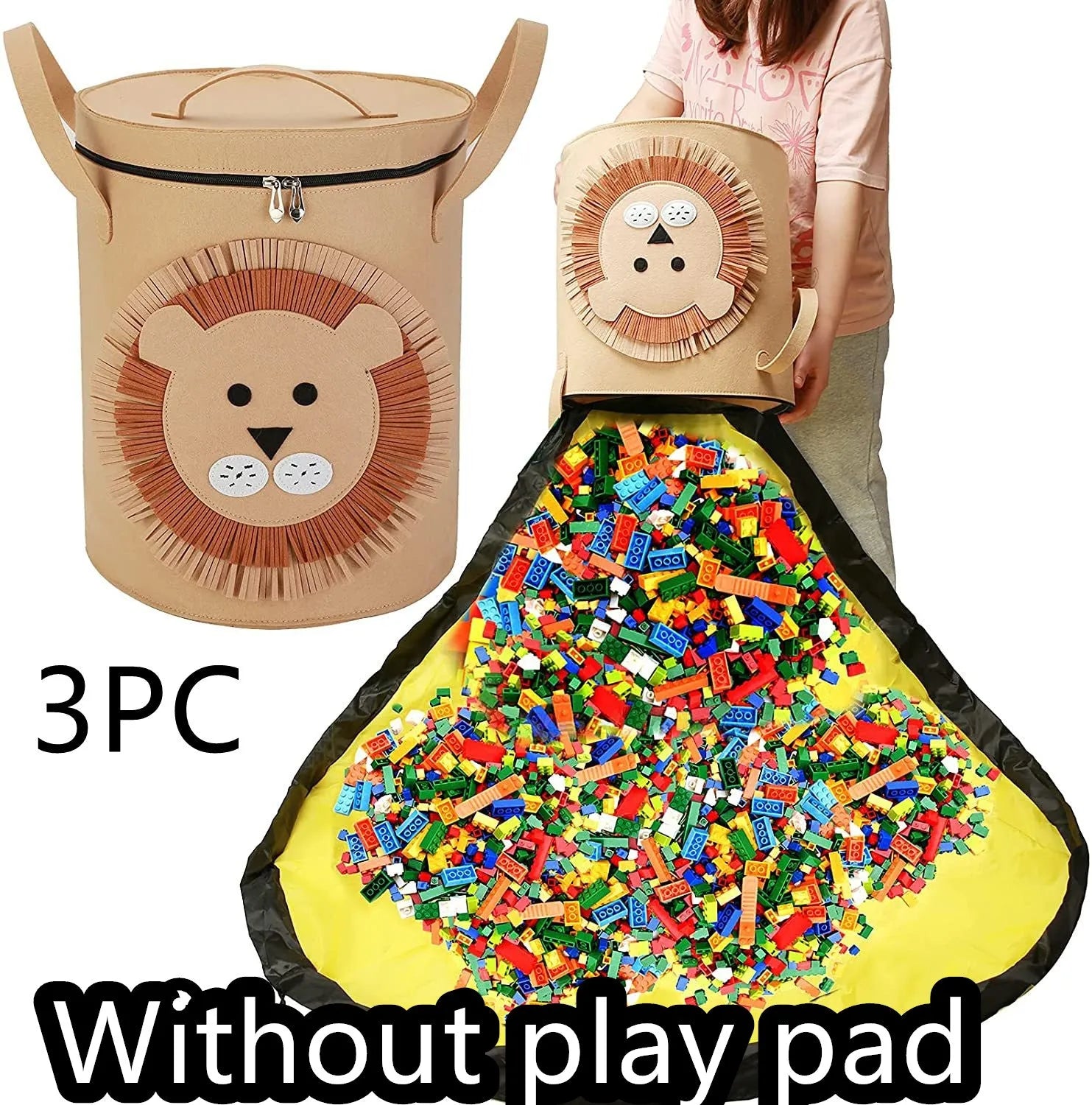 Green felt cube storage bag with pull rope, laid flat as a play mat