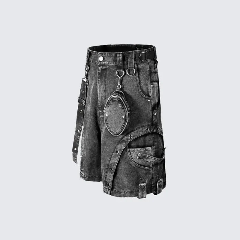 Retro high street loose fit denim shorts in washed picture colour with high waist design