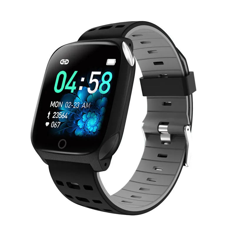 F16 Smart Watch in black grey colour on a silicone wristband, showing the IPS touchscreen display.