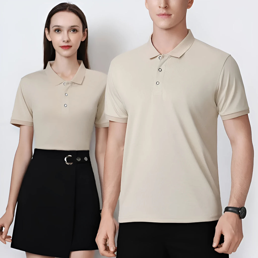 Men's ice silk short sleeve polo shirt pullover in multiple colours on a size chart.
