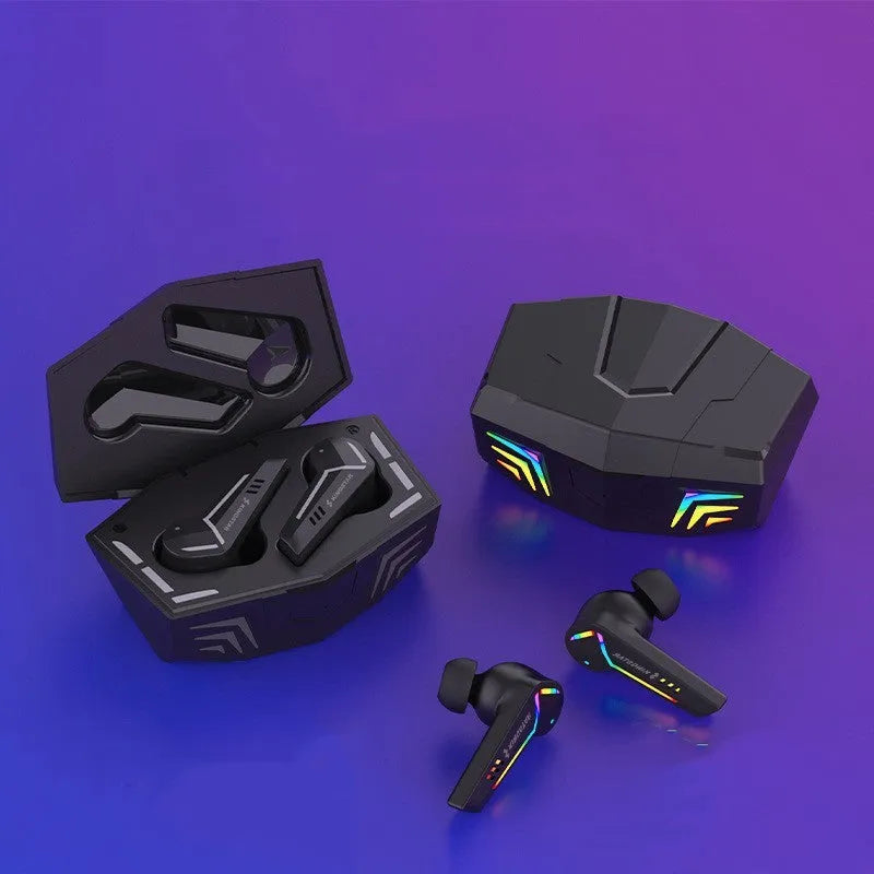 Small black TWS Bluetooth gaming headset with earplug design